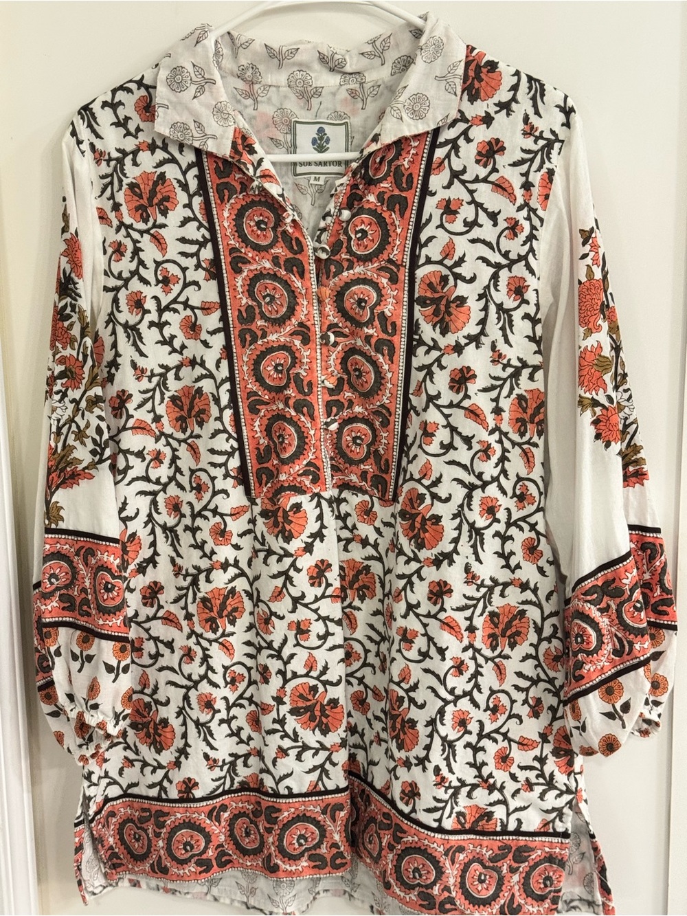 Sue Sartor Embroidered Split-Neck Floral Tunic Top - White with Coral Floral